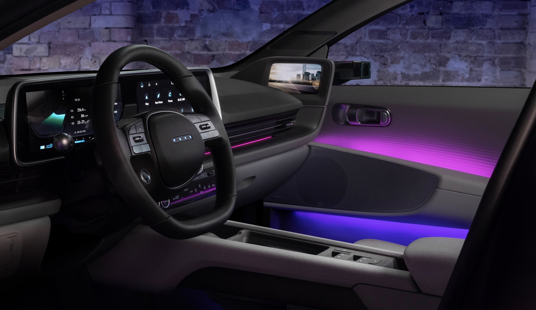 Hyundai Ioniq 6 black interior with blue and purple illuminated interior lights